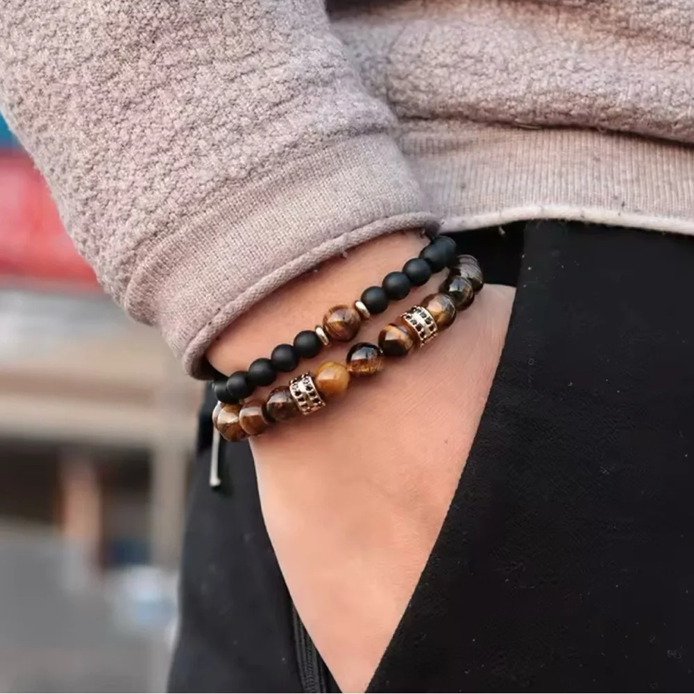 2Pcs Men Bracelet Set Natural Tiger eye Beads Stone Bracelet